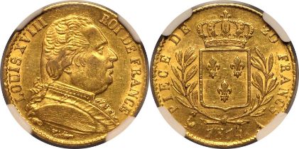 France Louis XVIII 1814 A Gold 20 Francs NGC AU 58