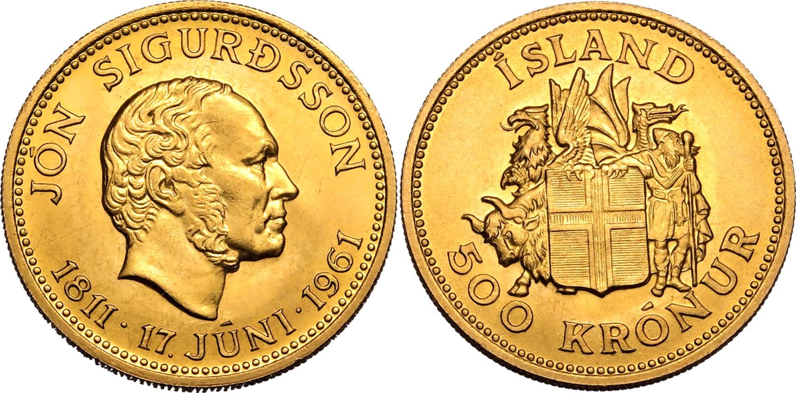 Iceland Republic 1961 Gold 500 Kronur
