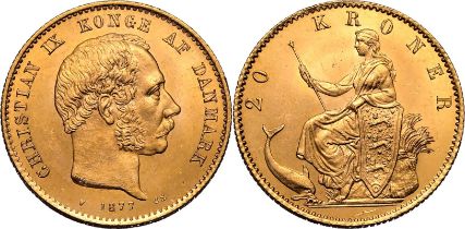 Denmark Christian IX 1877 CS Gold 20 Kroner