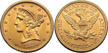 United States: Half Eagle Coronet Head 1880 Gold 5 Dollars