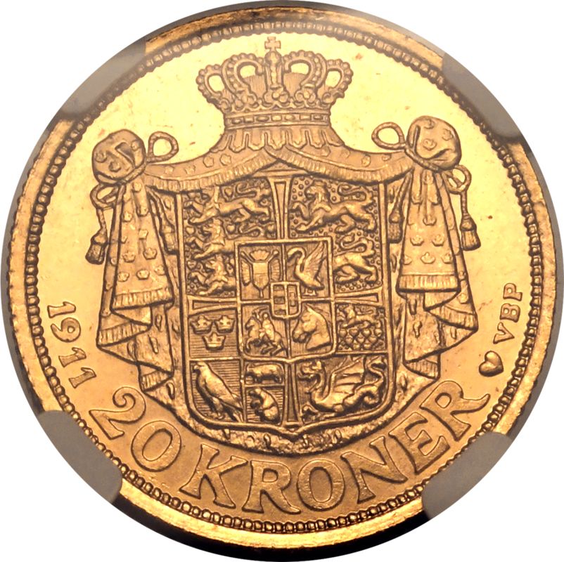 Denmark Frederik VIII 1911 VBP; GJ Gold 20 Kroner NGC MS 64 - Image 3 of 7