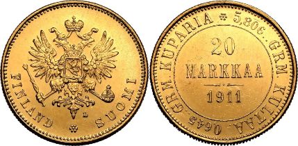 Finland Nicholas II 1911 Gold 20 Markkaa