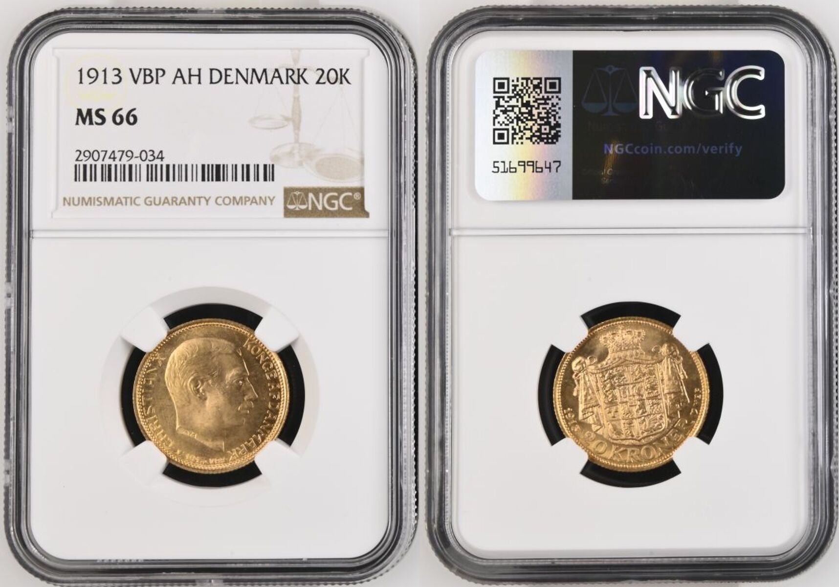 Denmark Christian X 1913 AH Gold 20 Kroner NGC MS 66 - Image 4 of 7