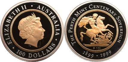 Australia Elizabeth II 1999 Bi-Metallic Gold (.916) center in Silver (.999) ring 100 Dollars 100th A