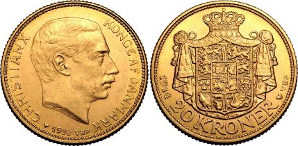 Denmark Christian X 1914 AH GJ Gold 20 Kroner