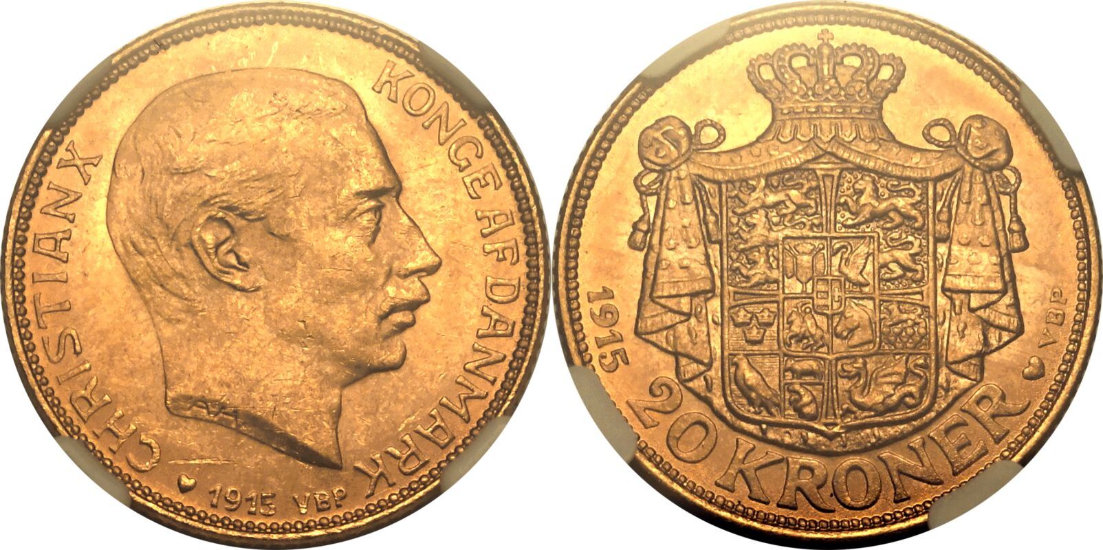 Denmark Christian X 1915 AH GJ Gold 20 Kroner NGC MS 63