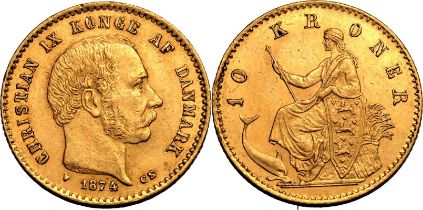 Denmark Christian IX 1874 CS Gold 10 Kroner