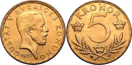 Sweden Gustaf V 1920 W Gold 5 Kronor