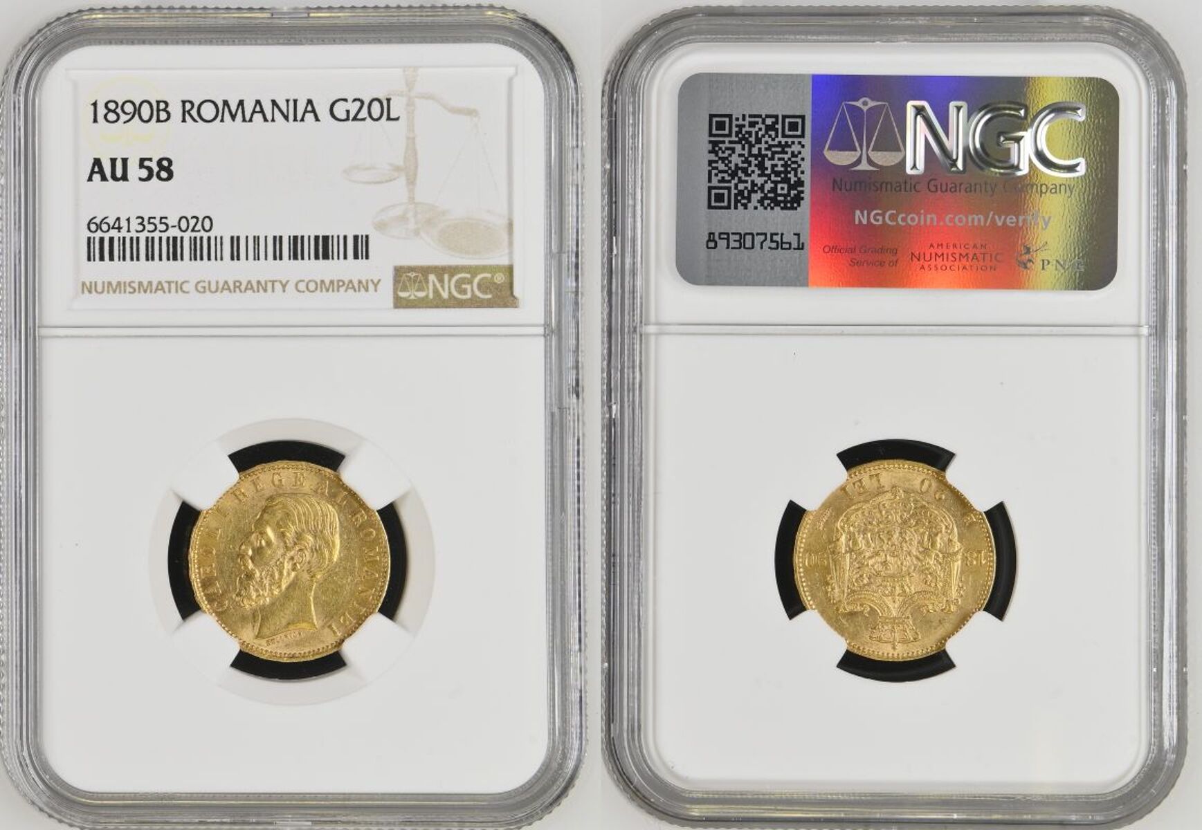 Romania Carol I 1890 Gold 20 Lei NGC AU 58 - Image 4 of 7