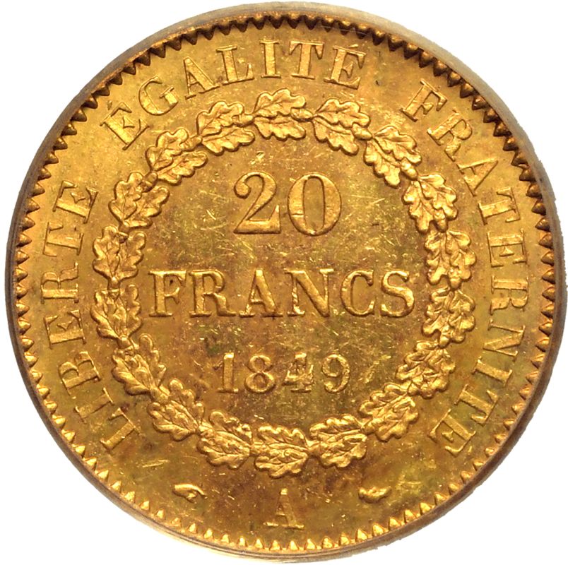 France Second Republic 1849 A Gold 20 Francs Equal-finest PCGS MS64 - Image 3 of 3