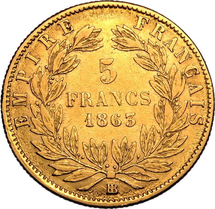 France Napoleon III 1863 BB Gold 5 Francs Napoleon III - Image 3 of 3