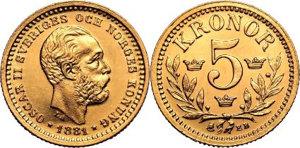 Sweden Oscar II 1881 EB Gold 5 Kronor