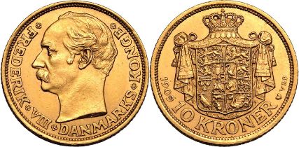 Denmark Frederik VIII 1909 VBP GJ Gold 10 Kroner