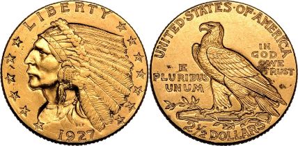 United States: Quarter Eagle Indian Head 1927 Gold 2 1/2 Dollars