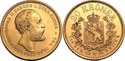 Norway Oscar II 1886 Gold 20 Kroner