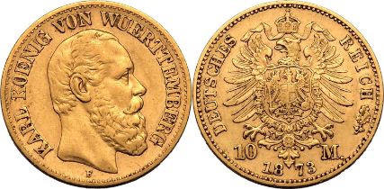 Germany: Württemberg 1873 F Gold 10 Mark Karl I