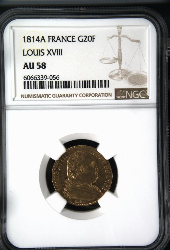 France Louis XVIII 1814 A Gold 20 Francs NGC AU 58 - Image 5 of 7