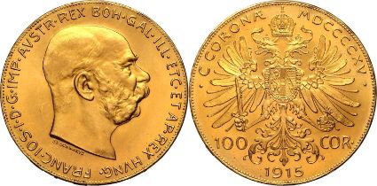 Austria: Habsburg Franz Joseph I 1915 Gold 100 Corona