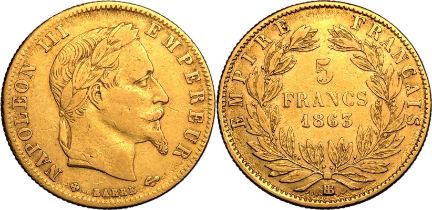 France Napoleon III 1863 BB Gold 5 Francs Napoleon III