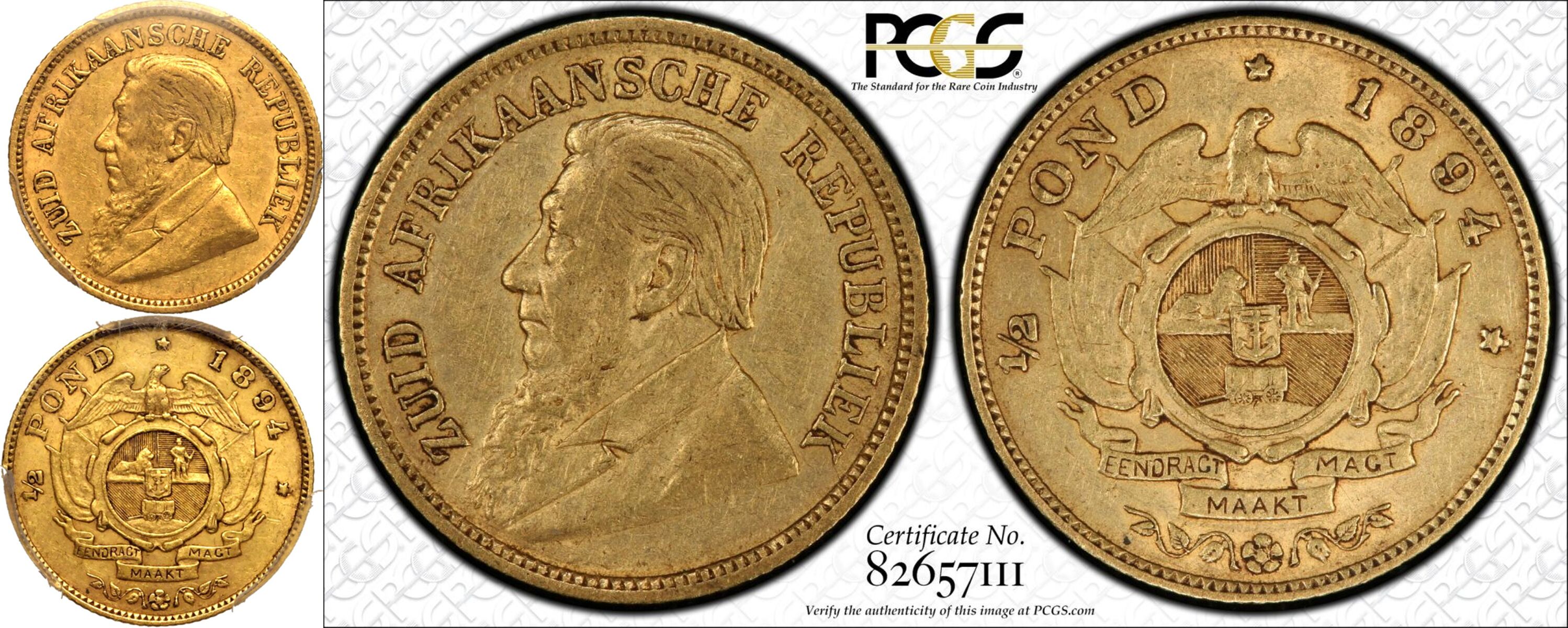 South Africa Paul Kruger 1894 Gold 1/2 Pond single shaft PCGS XF45 - Image 5 of 5