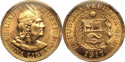 Peru 1917 Gold 1 Libra NGC MS 61