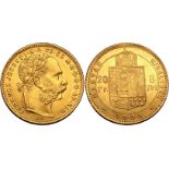 Hungary 1882 KB Gold 20 Francs I Ferenc József