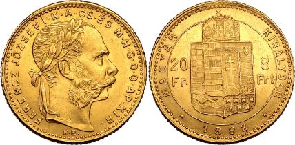 Hungary 1882 KB Gold 20 Francs I Ferenc József