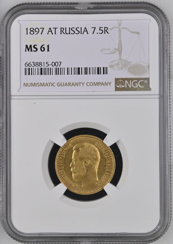 Russia: Empire 1897 Gold 7 Rubles 50 Kopecks Nikolai II NGC MS 61 - Image 5 of 7