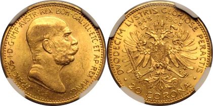Austria: Habsburg Franz Joseph I 1908 Gold 20 Corona NGC MS 62