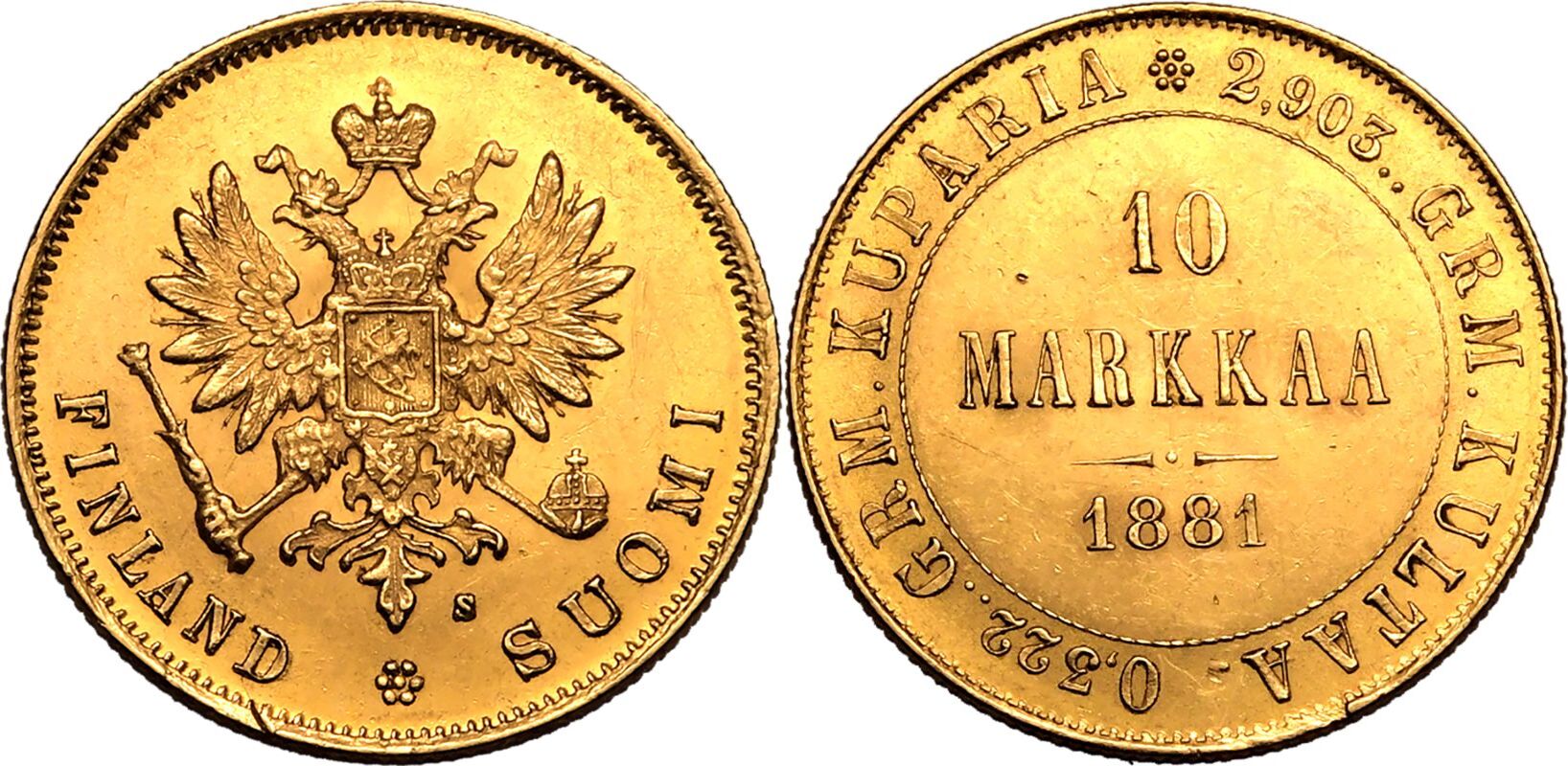 Finland Alexander II 1881 Gold 10 Markkaa