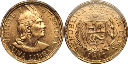 Peru 1917 Gold 1 Libra NGC MS 62
