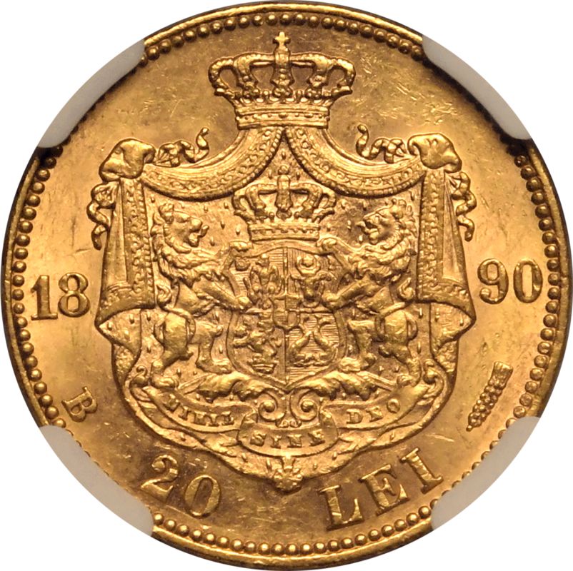 Romania Carol I 1890 Gold 20 Lei NGC AU 58 - Image 3 of 7