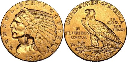 United States: Half Eagle Indian Head 1910 S Gold 5 Dollars