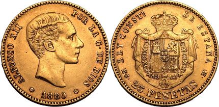 Spain Alfonso XII 1880 MSM Gold 25 Pesetas Alfonso XII