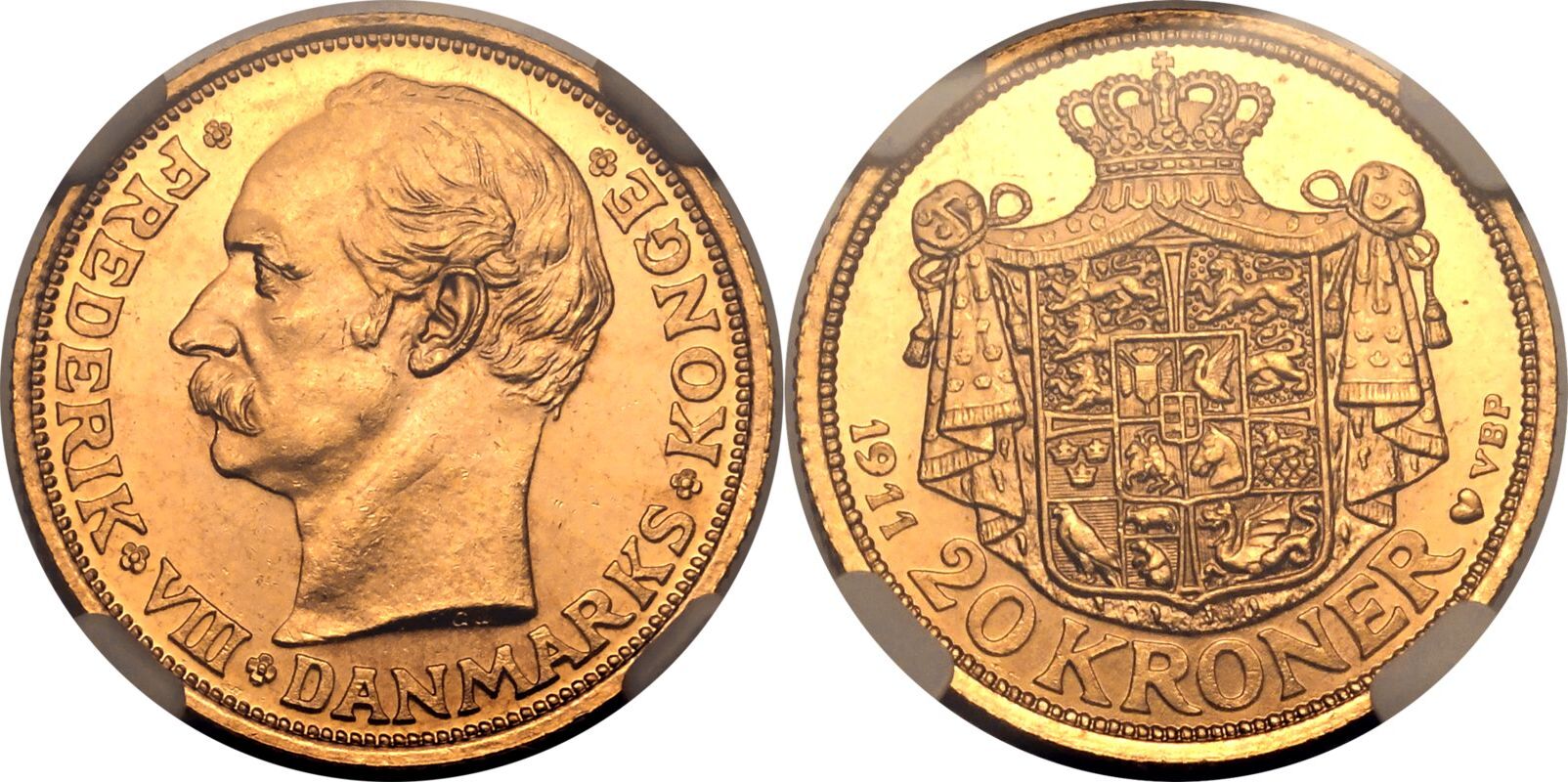 Denmark Frederik VIII 1911 VBP; GJ Gold 20 Kroner NGC MS 64