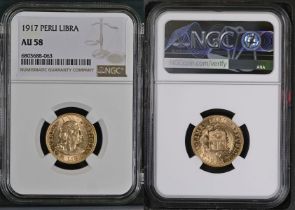 Peru 1917 Gold 1 Libra NGC AU 58