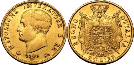 Italy: Napoleonic Kingdom 1809 M Gold 40 Lire (40) Napoleon I
