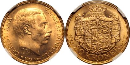 Denmark Christian X 1915 AH Gold 20 Kroner NGC MS 65