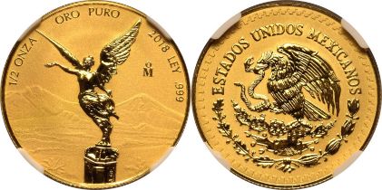 Mexico 2018Mo Gold 1/2 Onza Libertad Reverse Proof NGC RP 70