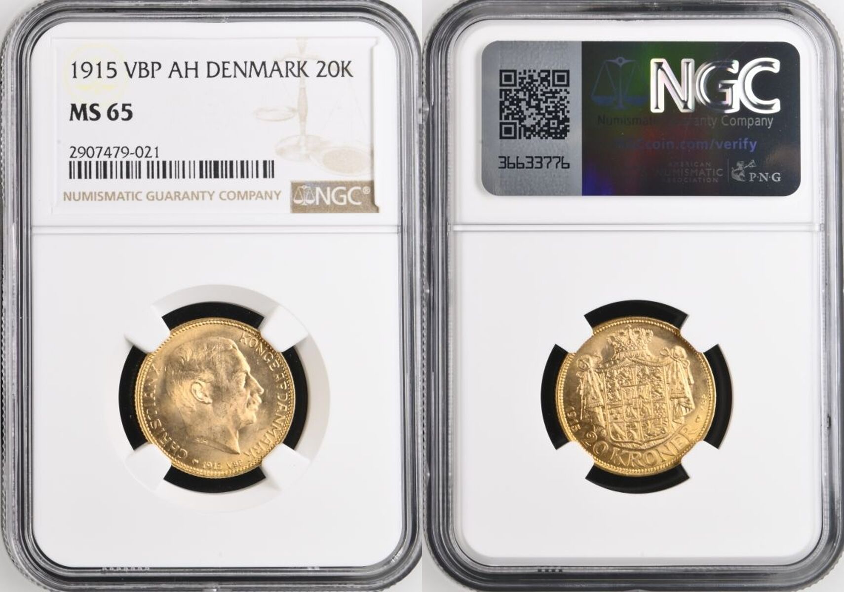 Denmark Christian X 1915 AH Gold 20 Kroner NGC MS 65 - Image 4 of 7