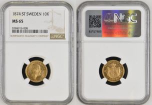 Sweden Oscar II 1874 ST Gold 10 Kronor NGC MS 65