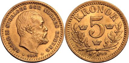 Sweden Oscar II 1901 EB Gold 5 Kronor
