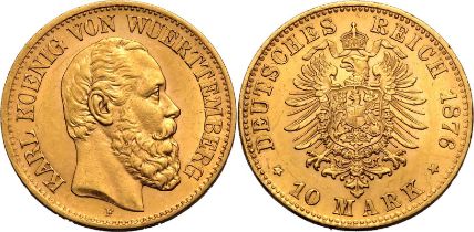 Germany: Württemberg 1876 F Gold 10 Mark Karl I