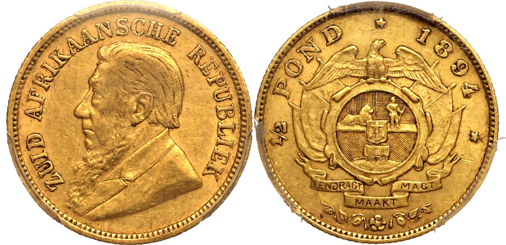 South Africa Paul Kruger 1894 Gold 1/2 Pond single shaft PCGS XF45