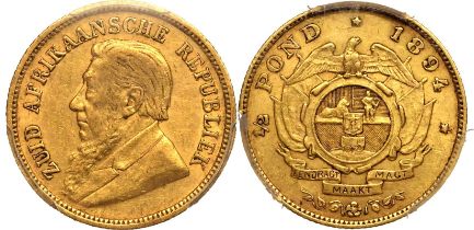 South Africa Paul Kruger 1894 Gold 1/2 Pond single shaft PCGS XF45