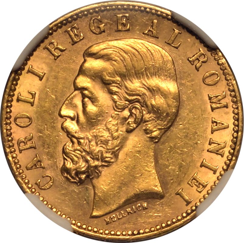 Romania Carol I 1890 Gold 20 Lei NGC AU 58 - Image 2 of 7