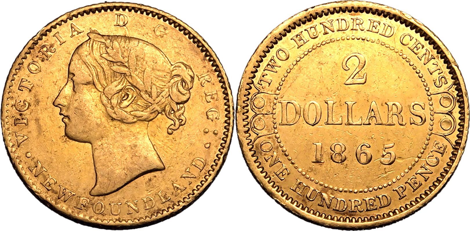 Canada: Newfoundland 1865 Gold 2 Dollars Victoria