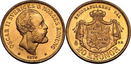 Sweden Oscar II 1876 EB Gold 20 Kronor