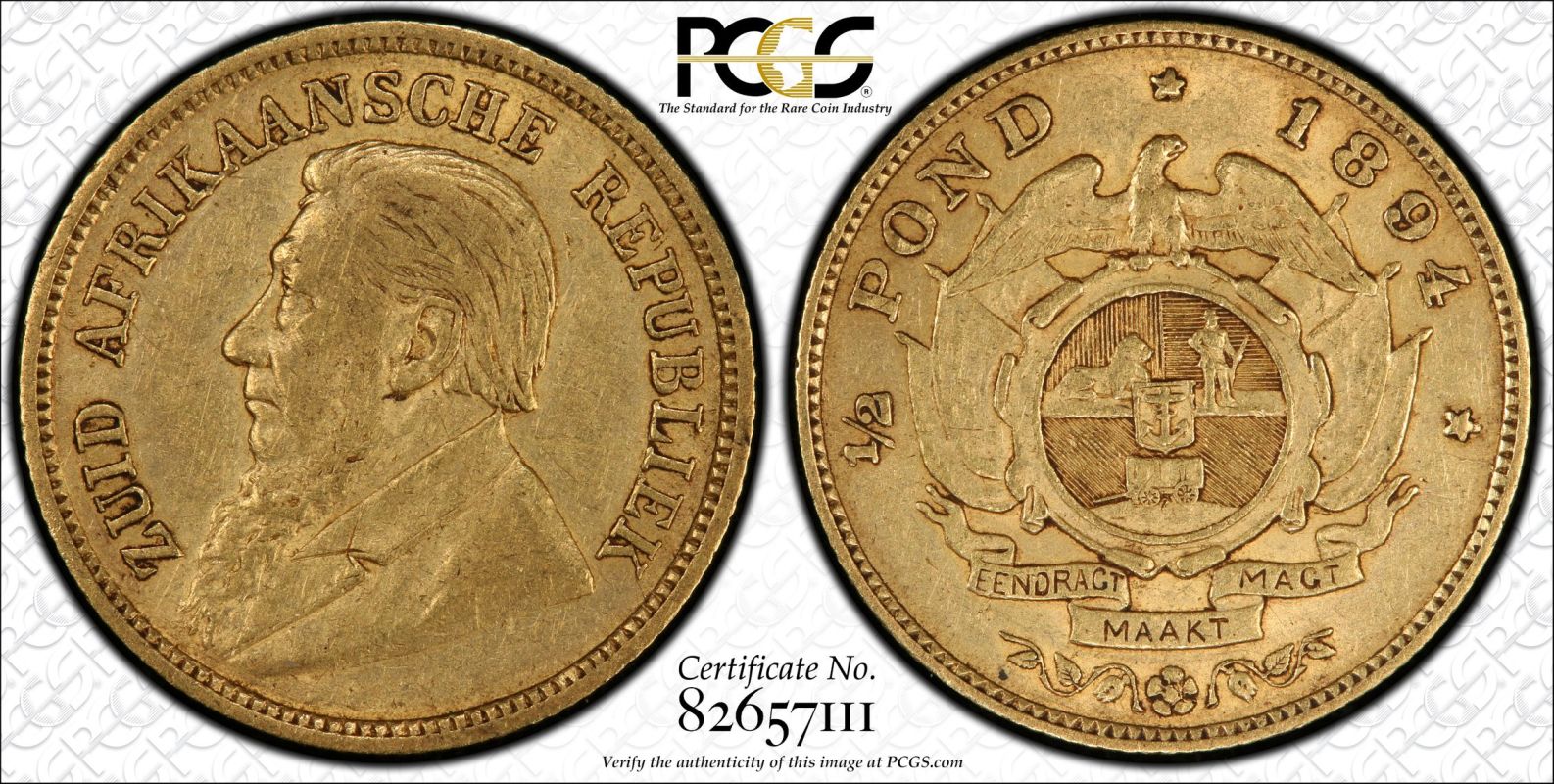 South Africa Paul Kruger 1894 Gold 1/2 Pond single shaft PCGS XF45 - Image 4 of 5