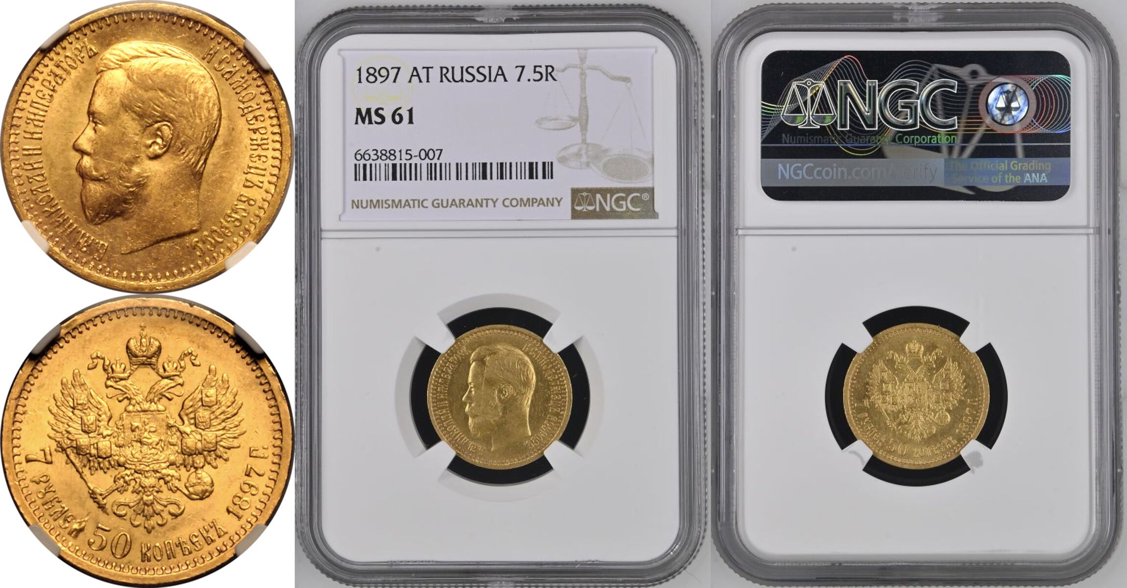 Russia: Empire 1897 Gold 7 Rubles 50 Kopecks Nikolai II NGC MS 61 - Image 7 of 7